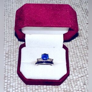 AUTH Princess Set Ceylon Chatham Sapphire&Diamond Engagement Ring&Sapphire Band